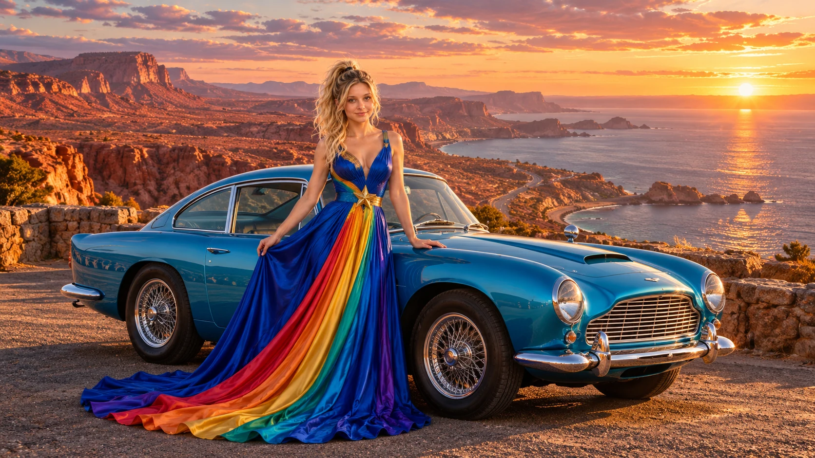 Kristin as Rainbow Brite wears a floor-length royal-blue silk gown with sculptural rainbow pleats and a flowing train, gold star belt beside a electric cyan 1960 Aston Martin DB4 on Lionreach, in The Far Observatory.