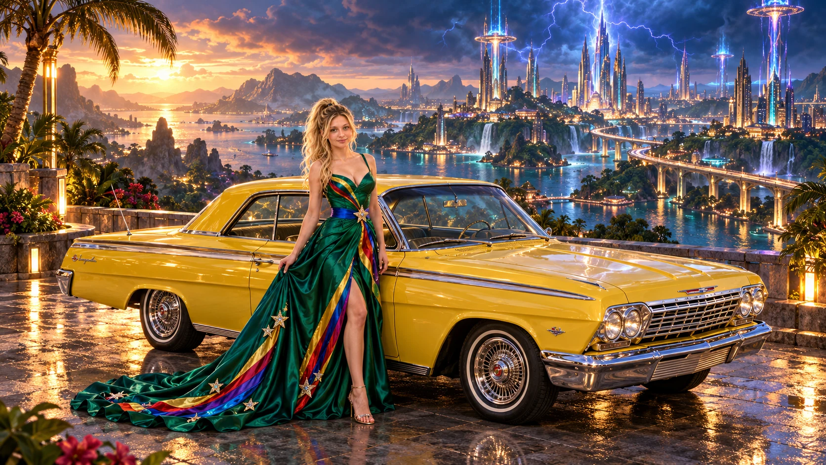 Kristin as Rainbow Brite wears a emerald silk evening dress with rainbow ribbon appliqué, a royal-blue waist sash and a jeweled star buckle beside a sunflower yellow 1962 Chevrolet Impala on Protonis, in The Far Observatory.