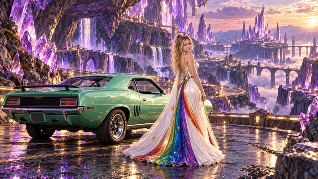 Kristin as Rainbow Brite wears a pearl-white pleated evening gown with jewel-tone rainbow panels and a fine gold star belt beside a luminous mint green 1971 Plymouth Barracuda on Amethyst Reach, in The Amethyst Veil.