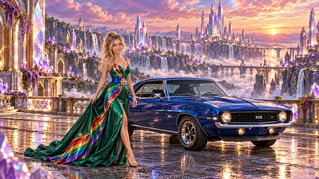 Kristin as Rainbow Brite wears a emerald silk evening dress with rainbow ribbon appliqué, a royal-blue waist sash and a jeweled star buckle beside a cobalt blue 1969 Chevrolet Camaro on Prismara, in The Amethyst Veil.