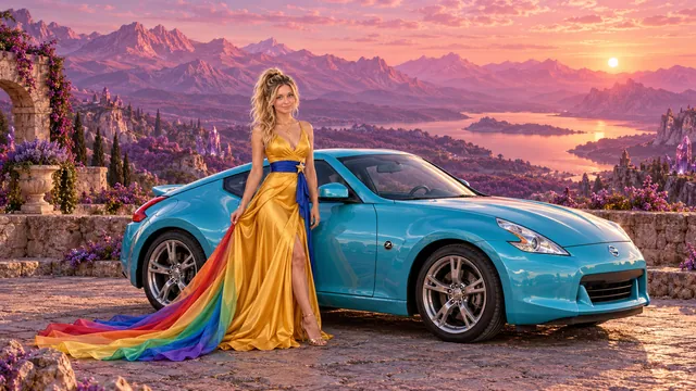 Kristin as Rainbow Brite wears a saffron satin evening gown with a royal-blue sash, graceful rainbow ribbon train and gold star pendant beside a glacier turquoise 2012 Nissan 370Z on Rosequartz, in The Amethyst Veil.
