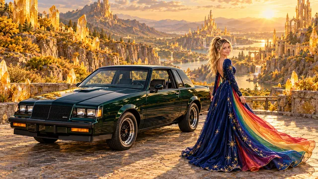 Kristin as Rainbow Brite wears a midnight-blue long-sleeved evening gown with a flowing rainbow-lined cape and tiny star embroidery beside a deep emerald green 1987 Buick Grand National on Citrine Vale, in The Amethyst Veil.