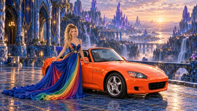 Kristin as Rainbow Brite wears a floor-length royal-blue silk gown with sculptural rainbow pleats and a flowing train, gold star belt beside a bright coral orange 2002 Honda S2000 on Sapphire Hollow, in The Amethyst Veil.