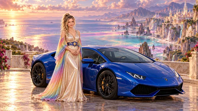 Kristin as Rainbow Brite wears a iridescent champagne satin gown with rainbow pleated sleeves and a sculpted blue-and-gold star belt beside a cobalt blue 2016 Lamborghini Huracán on Opaline, in The Amethyst Veil.