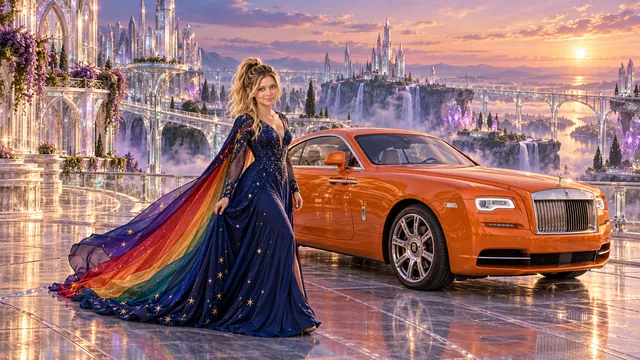 Kristin as Rainbow Brite wears a midnight-blue long-sleeved evening gown with a flowing rainbow-lined cape and tiny star embroidery beside a bright orange 2016 Rolls-Royce Wraith on Glasshaven, in The Amethyst Veil.