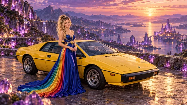 Kristin as Rainbow Brite wears a floor-length royal-blue silk gown with sculptural rainbow pleats and a flowing train, gold star belt beside a sunflower yellow 1976 Lotus Esprit on Luminite, in The Amethyst Veil.