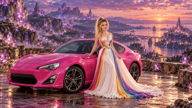 Kristin as Rainbow Brite wears a pearl-white pleated evening gown with jewel-tone rainbow panels and a fine gold star belt beside a hot pink 2013 Toyota GT86 on Luminite, in The Amethyst Veil.