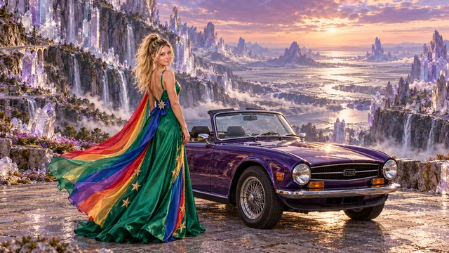 Kristin as Rainbow Brite wears a emerald silk evening dress with rainbow ribbon appliqué, a royal-blue waist sash and a jeweled star buckle beside a deep violet 1968 Triumph TR6 on Quartzfall, in The Amethyst Veil.