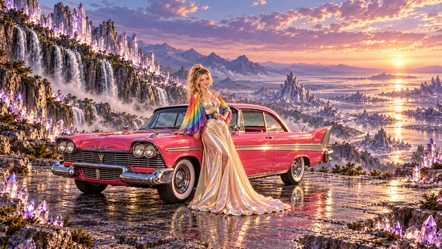 Kristin as Rainbow Brite wears a iridescent champagne satin gown with rainbow pleated sleeves and a sculpted blue-and-gold star belt beside a hot pink 1958 Plymouth Fury on Quartzfall, in The Amethyst Veil.