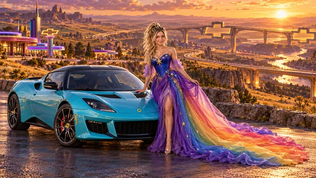 Kristin as Rainbow Brite wears a violet organza couture gown with a structured cobalt bodice, sweeping rainbow train and star jewels beside a glacier turquoise 2017 Lotus Evora 400 on Bowtierra, in The Amethyst Veil.