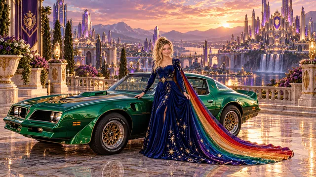 Kristin as Rainbow Brite wears a midnight-blue long-sleeved evening gown with a flowing rainbow-lined cape and tiny star embroidery beside a bright emerald 1977 Pontiac Firebird Trans Am on Crestoria, in The Amethyst Veil.