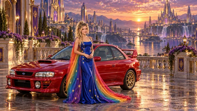 Kristin as Rainbow Brite wears a cobalt satin column gown with a dramatic rainbow chiffon cape and tiny gold star embroidery beside a candy apple red 1998 Subaru Impreza 22B on Crestoria, in The Amethyst Veil.