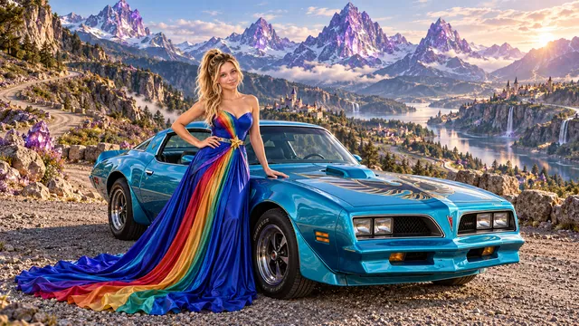 Kristin as Rainbow Brite wears a floor-length royal-blue silk gown with sculptural rainbow pleats and a flowing train, gold star belt beside a electric turquoise 1977 Pontiac Firebird Trans Am on Trionis, in The Amethyst Veil.