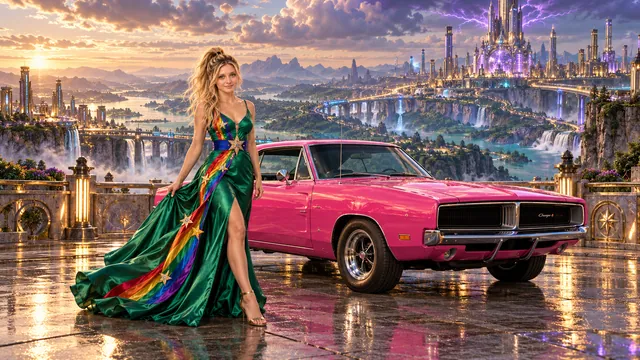 Kristin as Rainbow Brite wears a emerald silk evening dress with rainbow ribbon appliqué, a royal-blue waist sash and a jeweled star buckle beside a hot pink 1969 Dodge Charger on Blitzara, in The Amethyst Veil.