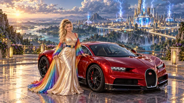 Kristin as Rainbow Brite wears a iridescent champagne satin gown with rainbow pleated sleeves and a sculpted blue-and-gold star belt beside a candy apple red 2017 Bugatti Chiron on Blitzara, in The Amethyst Veil.