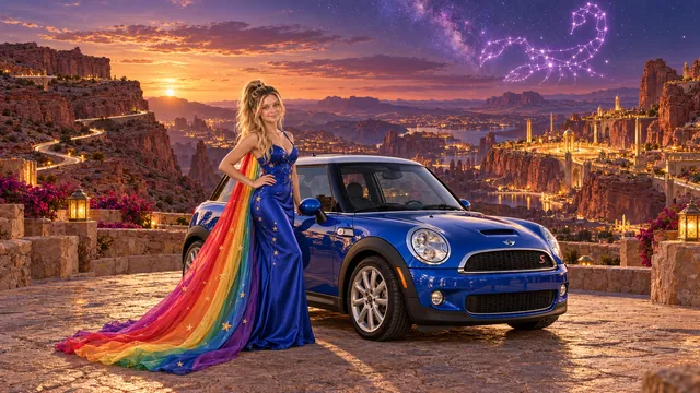 Kristin as Rainbow Brite wears a cobalt satin column gown with a dramatic rainbow chiffon cape and tiny gold star embroidery beside a cobalt blue 2006 Mini Cooper S on Scorpiora, in The Amethyst Veil.