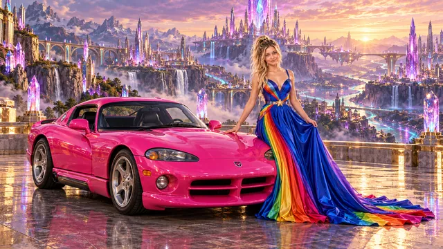 Kristin as Rainbow Brite wears a floor-length royal-blue silk gown with sculptural rainbow pleats and a flowing train, gold star belt beside a hot pink 1992 Dodge Viper on Dreamforge, in The Amethyst Veil.