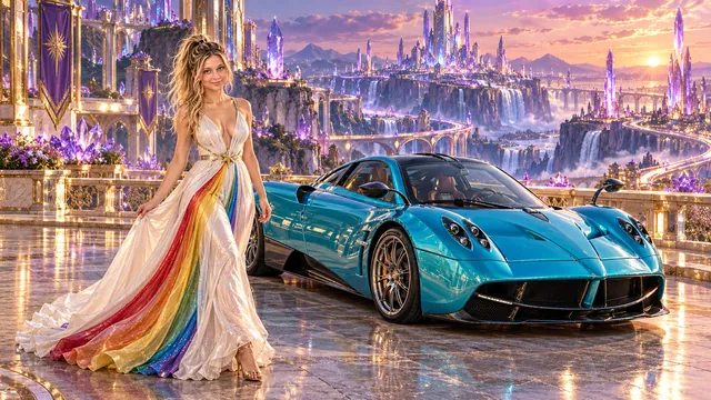 Kristin as Rainbow Brite wears a pearl-white pleated evening gown with jewel-tone rainbow panels and a fine gold star belt beside a electric turquoise 2014 Pagani Huayra on Dreamforge, in The Amethyst Veil.