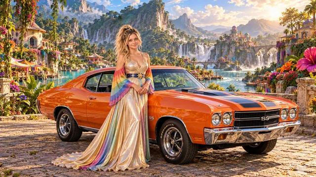 Kristin as Rainbow Brite wears a iridescent champagne satin gown with rainbow pleated sleeves and a sculpted blue-and-gold star belt beside a bright orange 1970 Chevrolet Chevelle SS on Pipora, in The Amethyst Veil.