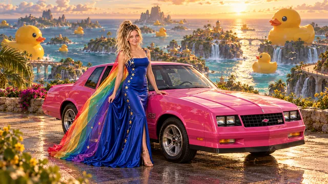 Kristin as Rainbow Brite wears a cobalt satin column gown with a dramatic rainbow chiffon cape and tiny gold star embroidery beside a hot pink 1985 Chevrolet Monte Carlo SS on Quackwater, in The Tidal Expanse.
