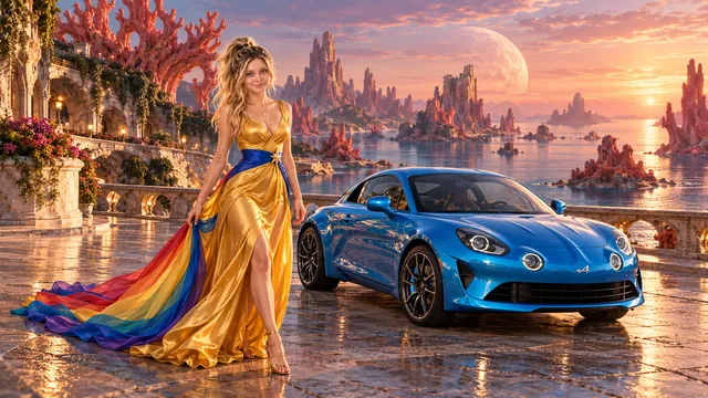 Kristin as Rainbow Brite wears a saffron satin evening gown with a royal-blue sash, graceful rainbow ribbon train and gold star pendant beside a electric cyan 2018 Alpine A110 on Coralune, in The Tidal Expanse.