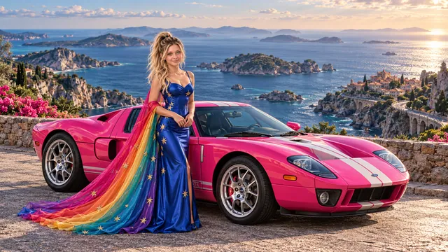 Kristin as Rainbow Brite wears a cobalt satin column gown with a dramatic rainbow chiffon cape and tiny gold star embroidery beside a hot pink 2005 Ford GT on Pelagia, in The Tidal Expanse.