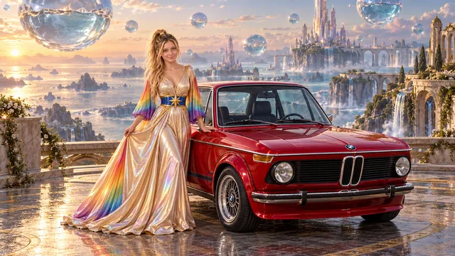Kristin as Rainbow Brite wears a iridescent champagne satin gown with rainbow pleated sleeves and a sculpted blue-and-gold star belt beside a candy apple red 1973 BMW 2002 Turbo on Pearlwater, in The Tidal Expanse.