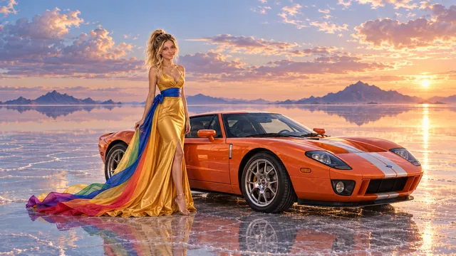 Kristin as Rainbow Brite wears a saffron satin evening gown with a royal-blue sash, graceful rainbow ribbon train and gold star pendant beside a coral orange 2005 Ford GT on Saltglass, in The Tidal Expanse.