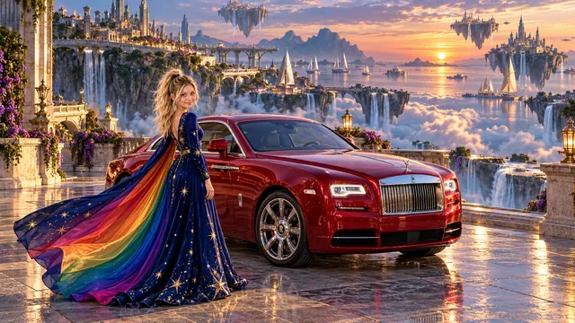 Kristin as Rainbow Brite wears a midnight-blue long-sleeved evening gown with a flowing rainbow-lined cape and tiny star embroidery beside a candy apple red 2016 Rolls-Royce Wraith on Azure Drift, in The Tidal Expanse.