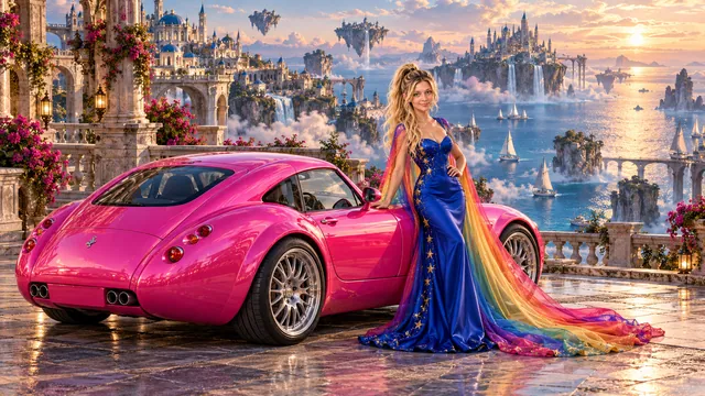 Kristin as Rainbow Brite wears a cobalt satin column gown with a dramatic rainbow chiffon cape and tiny gold star embroidery beside a hot pink 2007 Wiesmann GT MF5 on Azure Drift, in The Tidal Expanse.