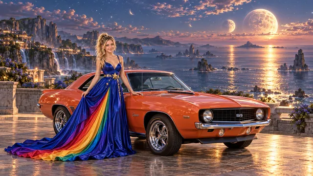Kristin as Rainbow Brite wears a floor-length royal-blue silk gown with sculptural rainbow pleats and a flowing train, gold star belt beside a coral orange 1969 Chevrolet Camaro on Moonwake, in The Tidal Expanse.