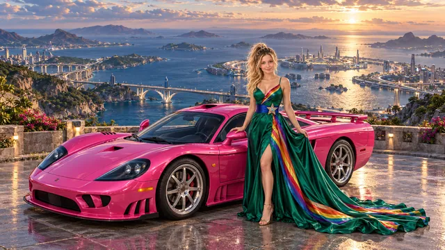 Kristin as Rainbow Brite wears a emerald silk evening dress with rainbow ribbon appliqué, a royal-blue waist sash and a jeweled star buckle beside a hot pink 2007 Saleen S7 on Ovalon, in The Tidal Expanse.