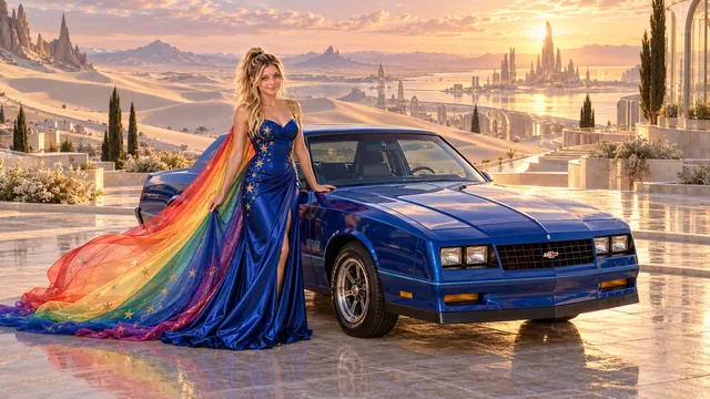 Kristin as Rainbow Brite wears a cobalt satin column gown with a dramatic rainbow chiffon cape and tiny gold star embroidery beside a cobalt blue 1985 Chevrolet Monte Carlo SS on Auralis, in The Tidal Expanse.