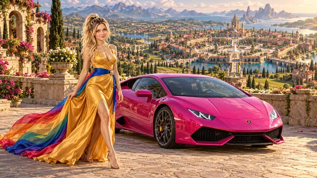 Kristin as Rainbow Brite wears a saffron satin evening gown with a royal-blue sash, graceful rainbow ribbon train and gold star pendant beside a fuchsia magenta 2016 Lamborghini Huracán on Octaviax, in The Tidal Expanse.