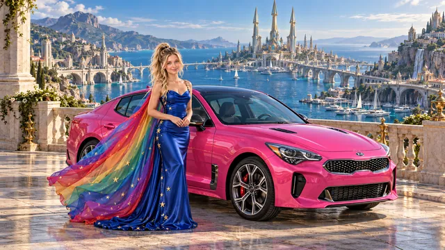 Kristin as Rainbow Brite wears a cobalt satin column gown with a dramatic rainbow chiffon cape and tiny gold star embroidery beside a hot pink 2018 Kia Stinger on Tridentis, in The Tidal Expanse.