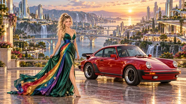 Kristin as Rainbow Brite wears a emerald silk evening dress with rainbow ribbon appliqué, a royal-blue waist sash and a jeweled star buckle beside a candy apple red 1986 Porsche 911 Turbo on Hythera, in The Tidal Expanse.