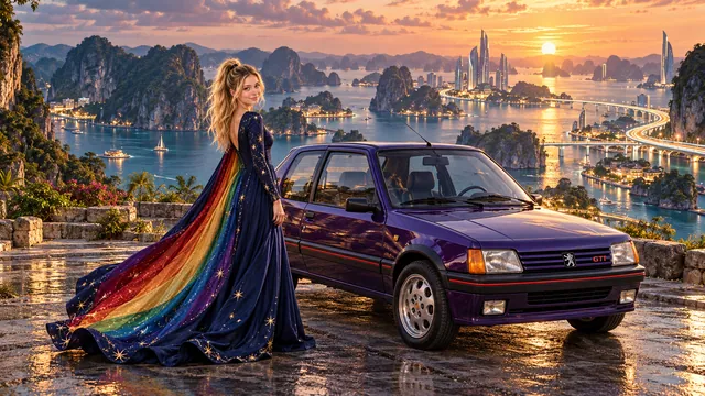 Kristin as Rainbow Brite wears a midnight-blue long-sleeved evening gown with a flowing rainbow-lined cape and tiny star embroidery beside a deep violet 1984 Peugeot 205 GTI on Vintara, in The Tidal Expanse.