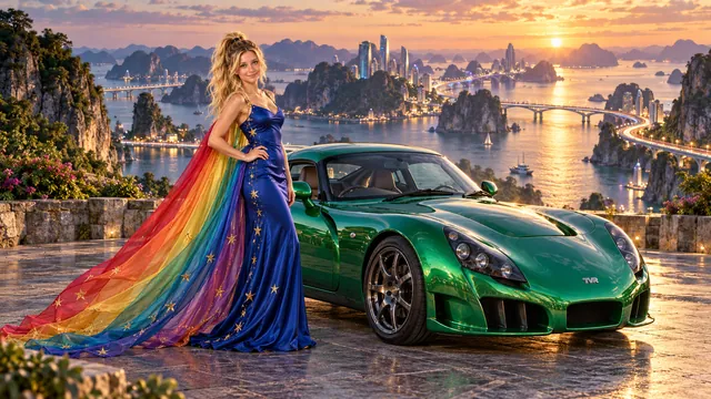 Kristin as Rainbow Brite wears a cobalt satin column gown with a dramatic rainbow chiffon cape and tiny gold star embroidery beside a bright emerald 2004 TVR Sagaris on Vintara, in The Tidal Expanse.