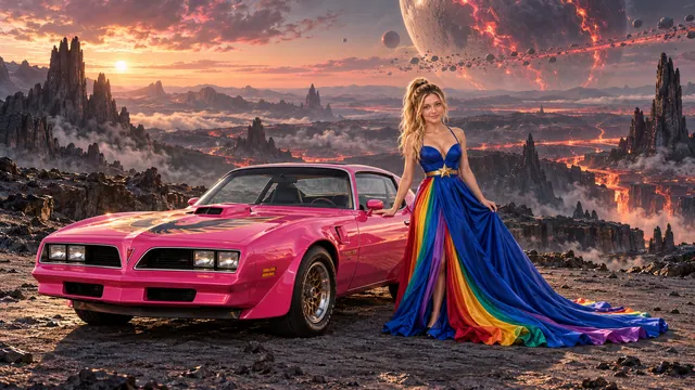 Kristin as Rainbow Brite wears a floor-length royal-blue silk gown with sculptural rainbow pleats and a flowing train, gold star belt beside a hot pink 1977 Pontiac Firebird Trans Am on The Gloaming, in The Ember Rift.