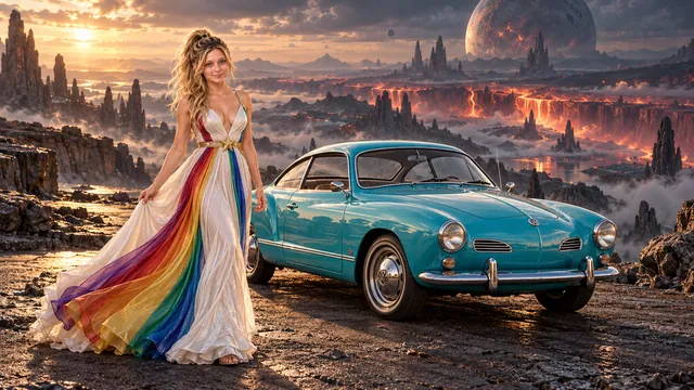 Kristin as Rainbow Brite wears a pearl-white pleated evening gown with jewel-tone rainbow panels and a fine gold star belt beside a electric turquoise 1965 Volkswagen Karmann Ghia on The Gloaming, in The Ember Rift.