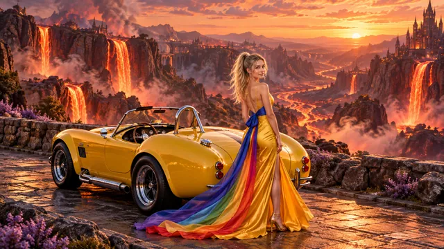 Kristin as Rainbow Brite wears a saffron satin evening gown with a royal-blue sash, graceful rainbow ribbon train and gold star pendant beside a sunflower yellow 1965 Shelby Cobra on Emberfall, in The Ember Rift.
