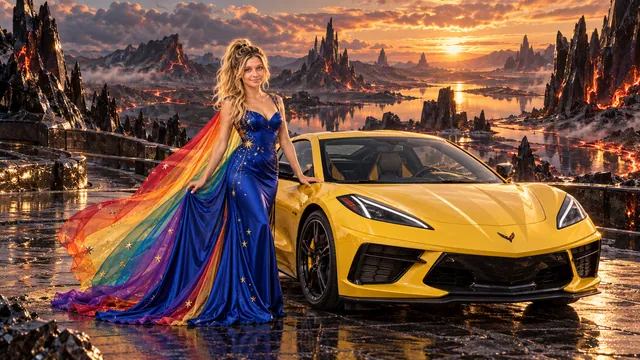 Kristin as Rainbow Brite wears a cobalt satin column gown with a dramatic rainbow chiffon cape and tiny gold star embroidery beside a sunflower yellow 2020 Chevrolet Corvette C8 on Obsidara, in The Ember Rift.