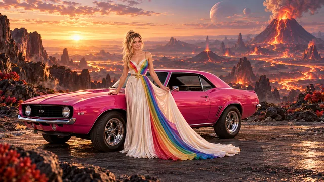Kristin as Rainbow Brite wears a pearl-white pleated evening gown with jewel-tone rainbow panels and a fine gold star belt beside a hot pink 1969 Chevrolet Camaro on Pyrrha, in The Ember Rift.