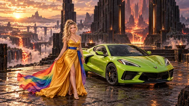 Kristin as Rainbow Brite wears a saffron satin evening gown with a royal-blue sash, graceful rainbow ribbon train and gold star pendant beside a lime green 2020 Chevrolet Corvette C8 on Basalt Gate, in The Ember Rift.