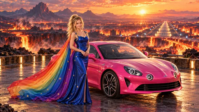 Kristin as Rainbow Brite wears a cobalt satin column gown with a dramatic rainbow chiffon cape and tiny gold star embroidery beside a hot pink 2018 Alpine A110 on Ember Circuit, in The Ember Rift.