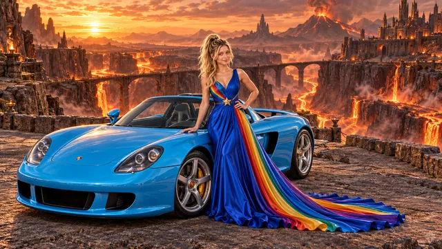 Kristin as Rainbow Brite wears a floor-length royal-blue silk gown with sculptural rainbow pleats and a flowing train, gold star belt beside a electric cyan 2004 Porsche Carrera GT on Scoria, in The Ember Rift.