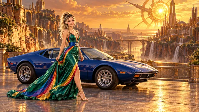 Kristin as Rainbow Brite wears a emerald silk evening dress with rainbow ribbon appliqué, a royal-blue waist sash and a jeweled star buckle beside a cobalt blue 1972 De Tomaso Pantera on Solforge, in The Ember Rift.