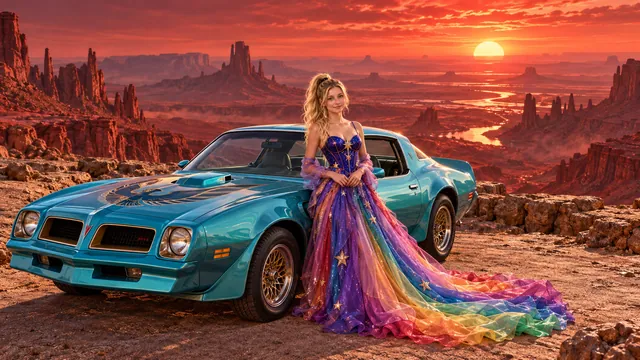 Kristin as Rainbow Brite wears a violet organza couture gown with a structured cobalt bodice, sweeping rainbow train and star jewels beside a glacier turquoise 1977 Pontiac Firebird Trans Am on Red Horizon, in The Ember Rift.