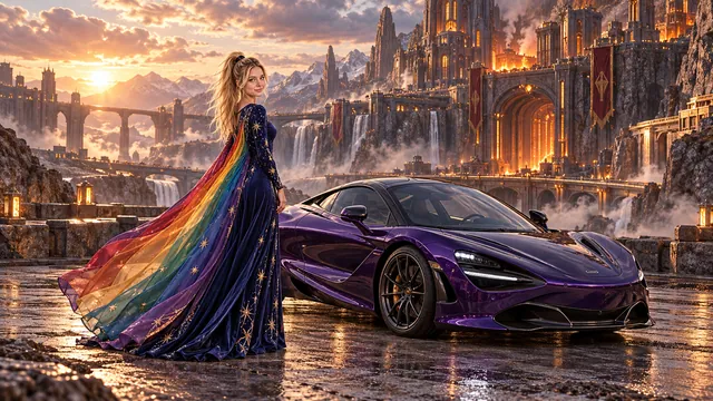 Kristin as Rainbow Brite wears a midnight-blue long-sleeved evening gown with a flowing rainbow-lined cape and tiny star embroidery beside a deep violet 2018 McLaren 720S on Titanforge, in The Ember Rift.