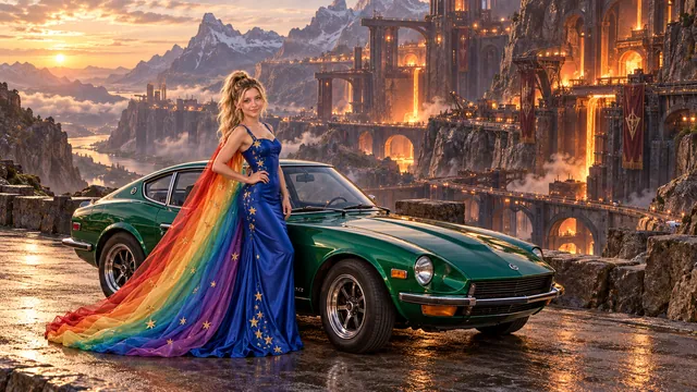 Kristin as Rainbow Brite wears a cobalt satin column gown with a dramatic rainbow chiffon cape and tiny gold star embroidery beside a bright emerald 1972 Datsun 240Z on Titanforge, in The Ember Rift.